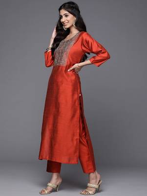 Women Rust Red Yoke Design Thread Work Kurta with Trousers & Dupatta 6