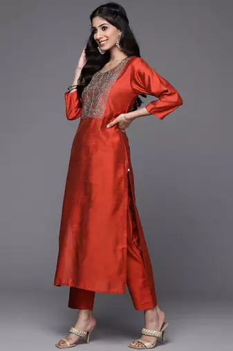 Women Rust Red Yoke Design Thread Work Kurta with Trousers & Dupatta