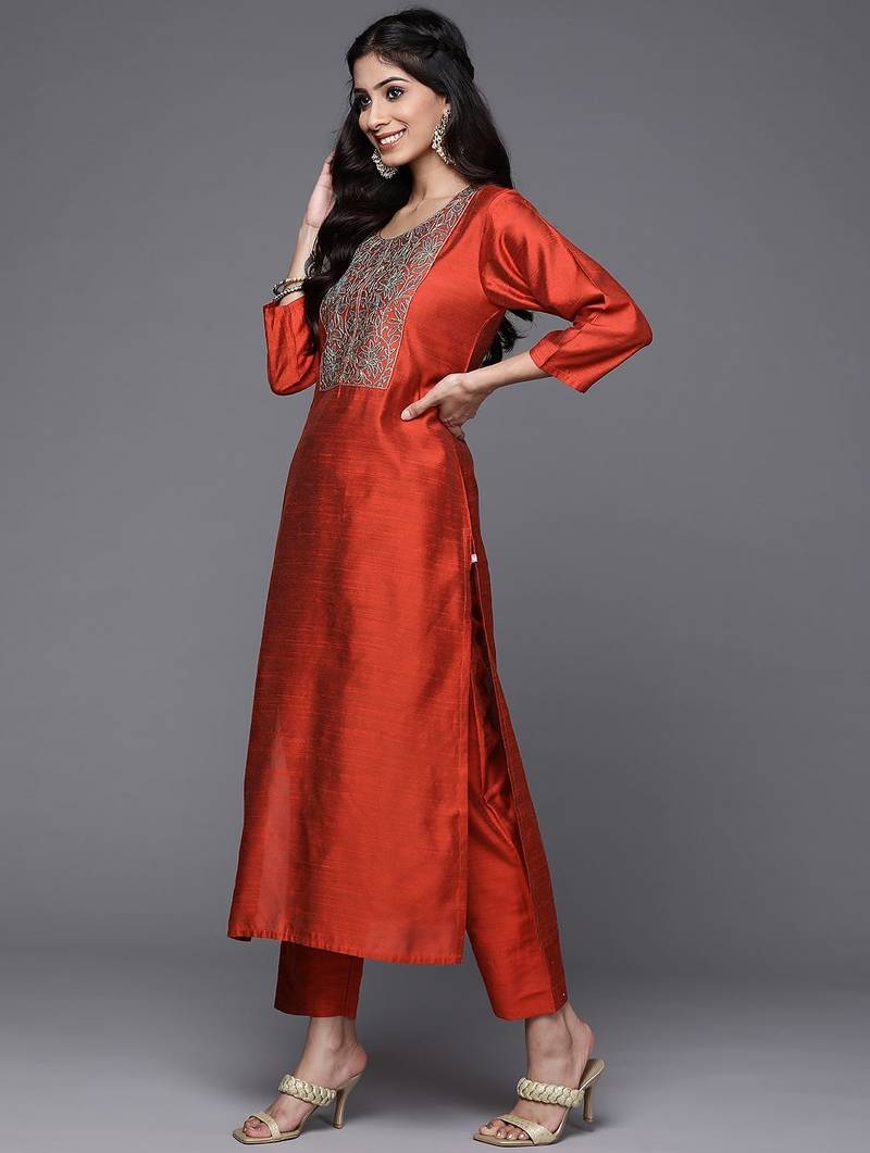 Women Rust Red Yoke Design Thread Work Kurta with Trousers & Dupatta