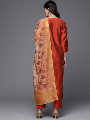 Women Rust Red Yoke Design Thread Work Kurta with Trousers & Dupatta 7