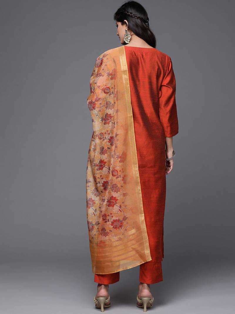 Women Rust Red Yoke Design Thread Work Kurta with Trousers & Dupatta