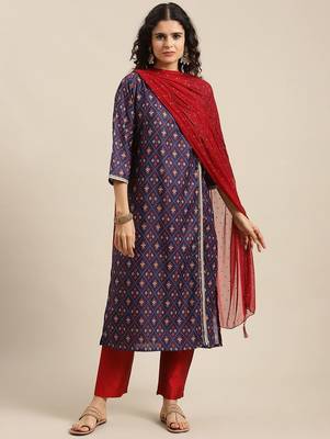 Women Purple Printed Angrakha Pure Silk Kurta with Trousers & With Dupatta 1