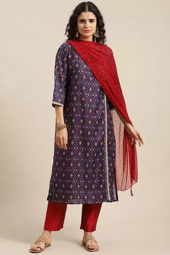 Women Purple Printed Angrakha Pure Silk Kurta with Trousers & With Dupatta
