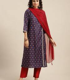 Women Purple Printed Angrakha Pure Silk Kurta with Trousers & With Dupatta