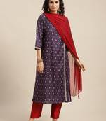 Women Purple Printed Angrakha Pure Silk Kurta with Trousers & With Dupatta