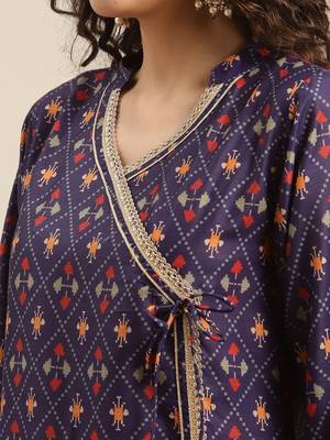 Women Purple Printed Angrakha Pure Silk Kurta with Trousers & With Dupatta 2