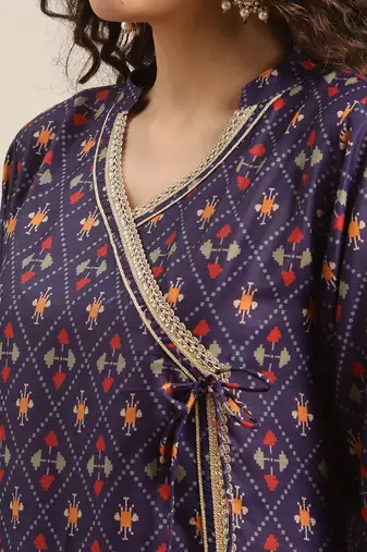 Women Purple Printed Angrakha Pure Silk Kurta with Trousers & With Dupatta