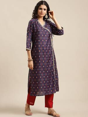 Women Purple Printed Angrakha Pure Silk Kurta with Trousers & With Dupatta 5