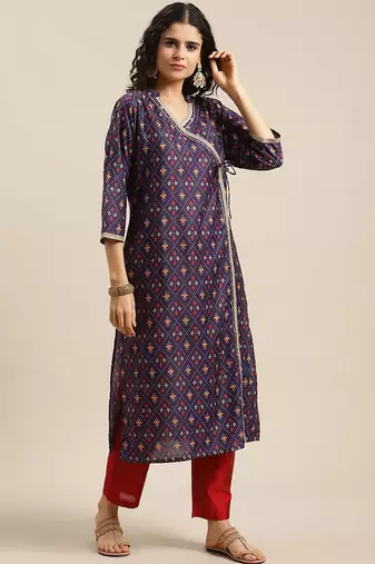 Women Purple Printed Angrakha Pure Silk Kurta with Trousers & With Dupatta