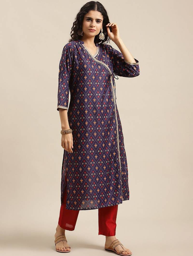 Women Purple Printed Angrakha Pure Silk Kurta with Trousers & With Dupatta