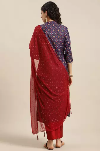 Women Purple Printed Angrakha Pure Silk Kurta with Trousers & With Dupatta