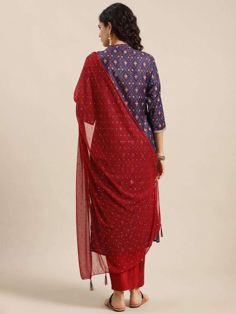 Women Purple Printed Angrakha Pure Silk Kurta with Trousers & With Dupatta
