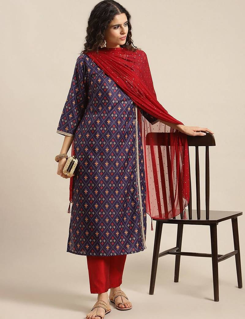 Women Purple Printed Angrakha Pure Silk Kurta with Trousers & With Dupatta