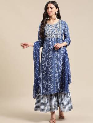 Blue And White Zari Embroidery Leheriya Kurta Sharara Set With Leheriya Dupatta 1