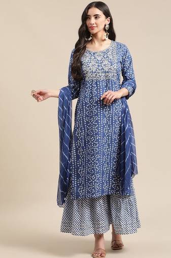 Blue And White Zari Embroidery Leheriya Kurta Sharara Set With Leheriya Dupatta