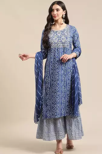 Blue And White Zari Embroidery Leheriya Kurta Sharara Set With Leheriya Dupatta