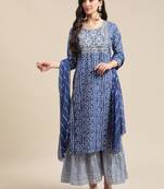 Blue And White Zari Embroidery Leheriya Kurta Sharara Set With Leheriya Dupatta