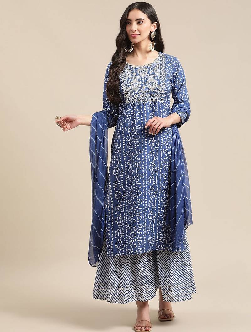 Blue And White Zari Embroidery Leheriya Kurta Sharara Set With Leheriya Dupatta