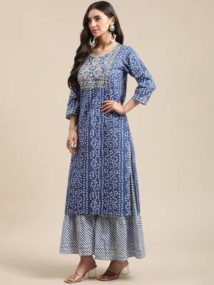 Blue And White Zari Embroidery Leheriya Kurta Sharara Set With Leheriya Dupatta 5