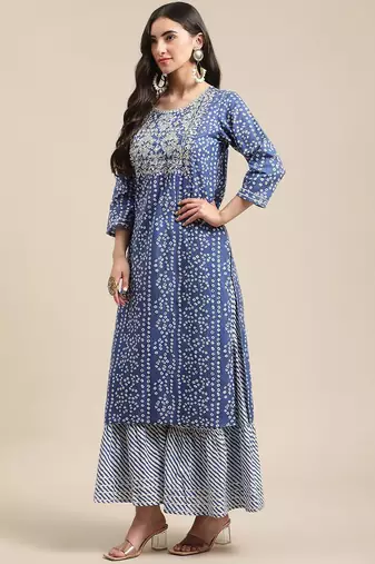 Blue And White Zari Embroidery Leheriya Kurta Sharara Set With Leheriya Dupatta
