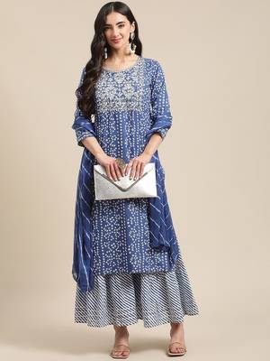 Blue And White Zari Embroidery Leheriya Kurta Sharara Set With Leheriya Dupatta 6