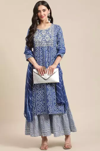 Blue And White Zari Embroidery Leheriya Kurta Sharara Set With Leheriya Dupatta