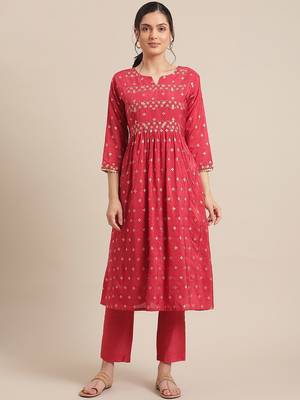 Women Red & Gold-Toned Floral Embroidered Mirror Work Pleated Kurta With Trousers 1