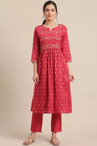 Women Red & Gold-Toned Floral Embroidered Mirror Work Pleated Kurta With Trousers