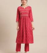 Women Red & Gold-Toned Floral Embroidered Mirror Work Pleated Kurta With Trousers