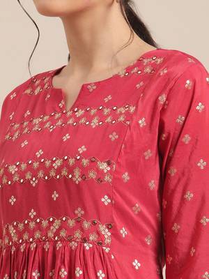 Women Red & Gold-Toned Floral Embroidered Mirror Work Pleated Kurta With Trousers 2