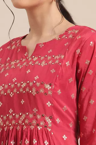 Women Red & Gold-Toned Floral Embroidered Mirror Work Pleated Kurta With Trousers