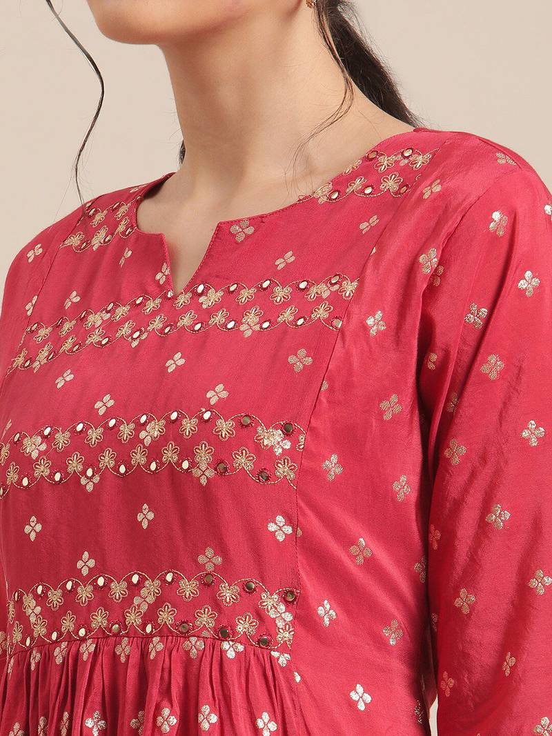 Women Red & Gold-Toned Floral Embroidered Mirror Work Pleated Kurta With Trousers