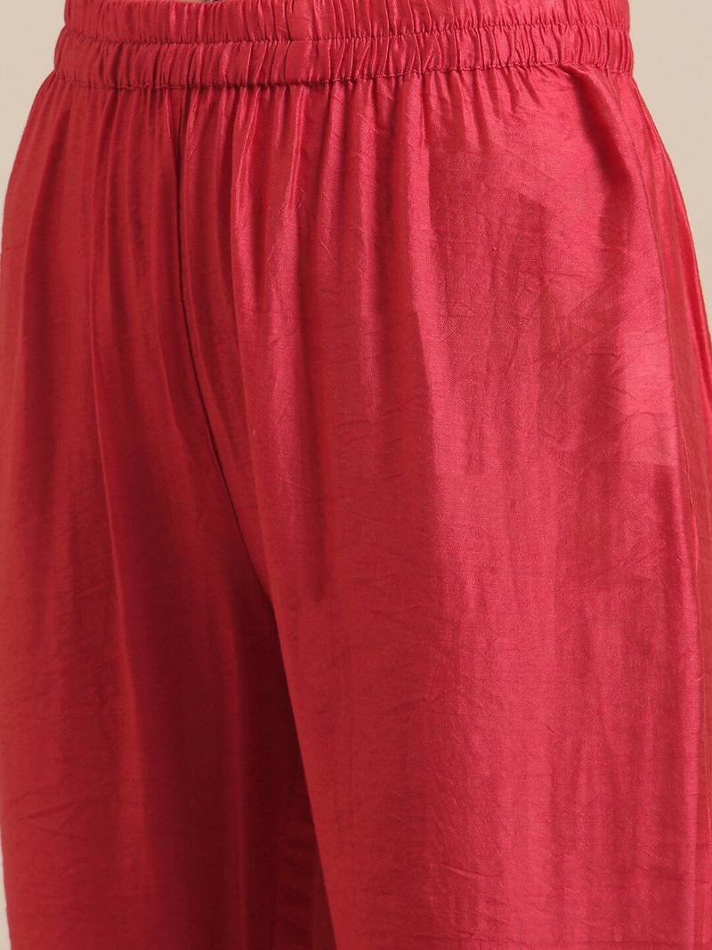 Women Red & Gold-Toned Floral Embroidered Mirror Work Pleated Kurta With Trousers