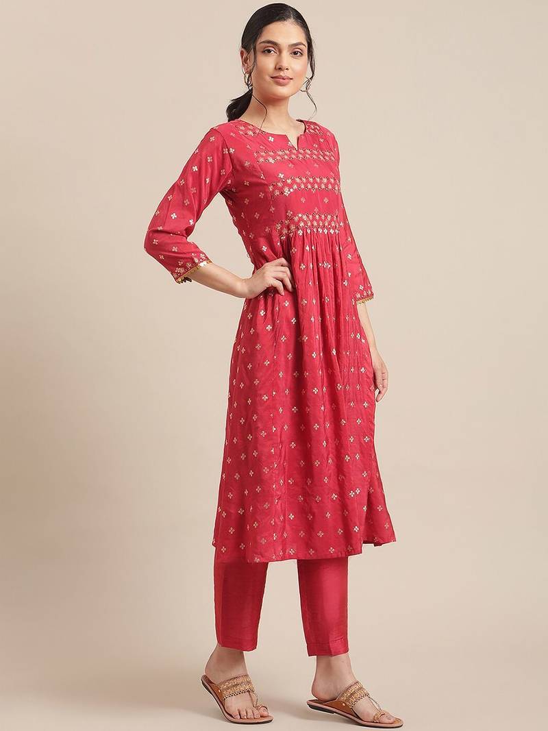 Women Red & Gold-Toned Floral Embroidered Mirror Work Pleated Kurta With Trousers