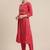 Women Red & Gold-Toned Floral Embroidered Mirror Work Pleated Kurta With Trousers