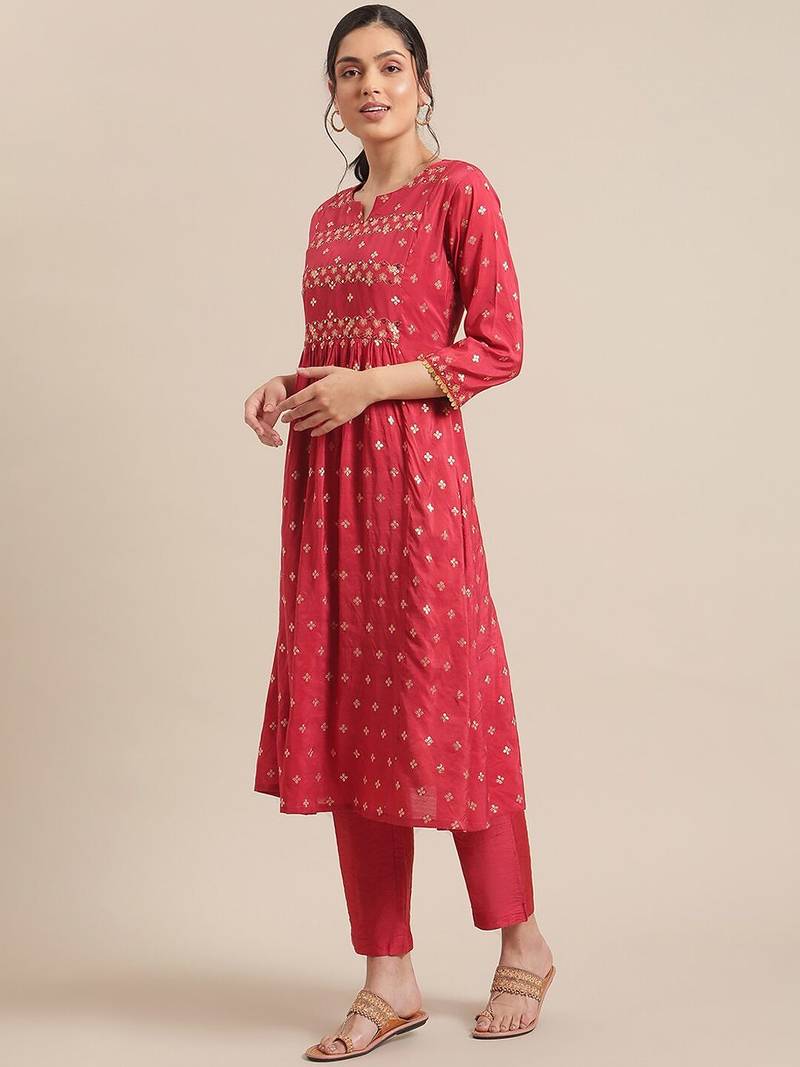 Women Red & Gold-Toned Floral Embroidered Mirror Work Pleated Kurta With Trousers