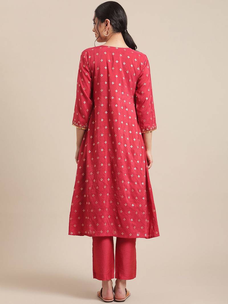 Women Red & Gold-Toned Floral Embroidered Mirror Work Pleated Kurta With Trousers