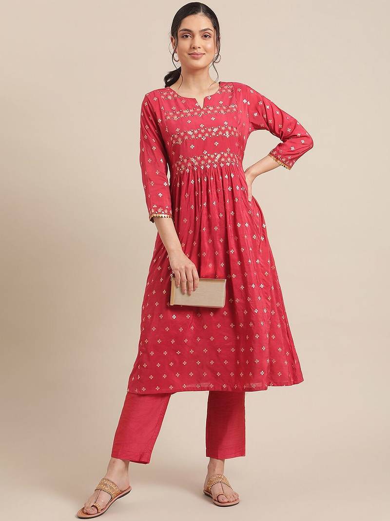 Women Red & Gold-Toned Floral Embroidered Mirror Work Pleated Kurta With Trousers