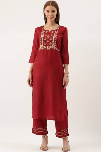Women Maroon Floral Embroidered Kurta with Trousers