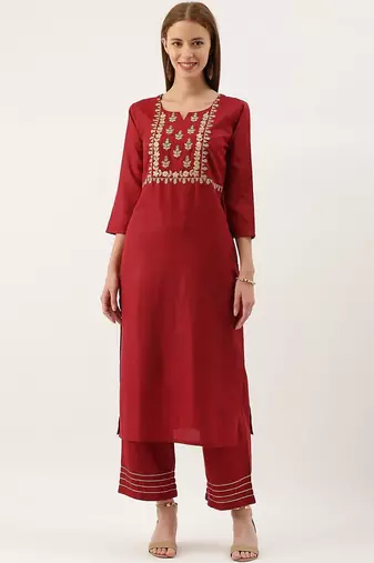 Women Maroon Floral Embroidered Kurta with Trousers
