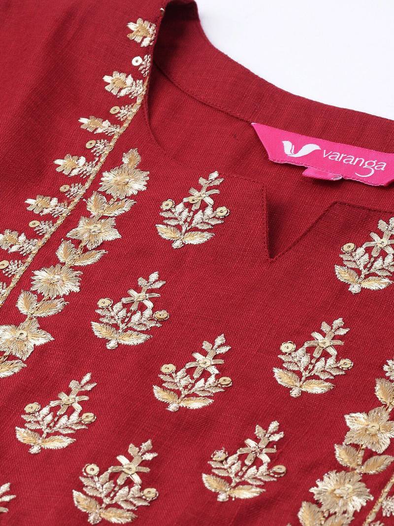 Women Maroon Floral Embroidered Kurta with Trousers