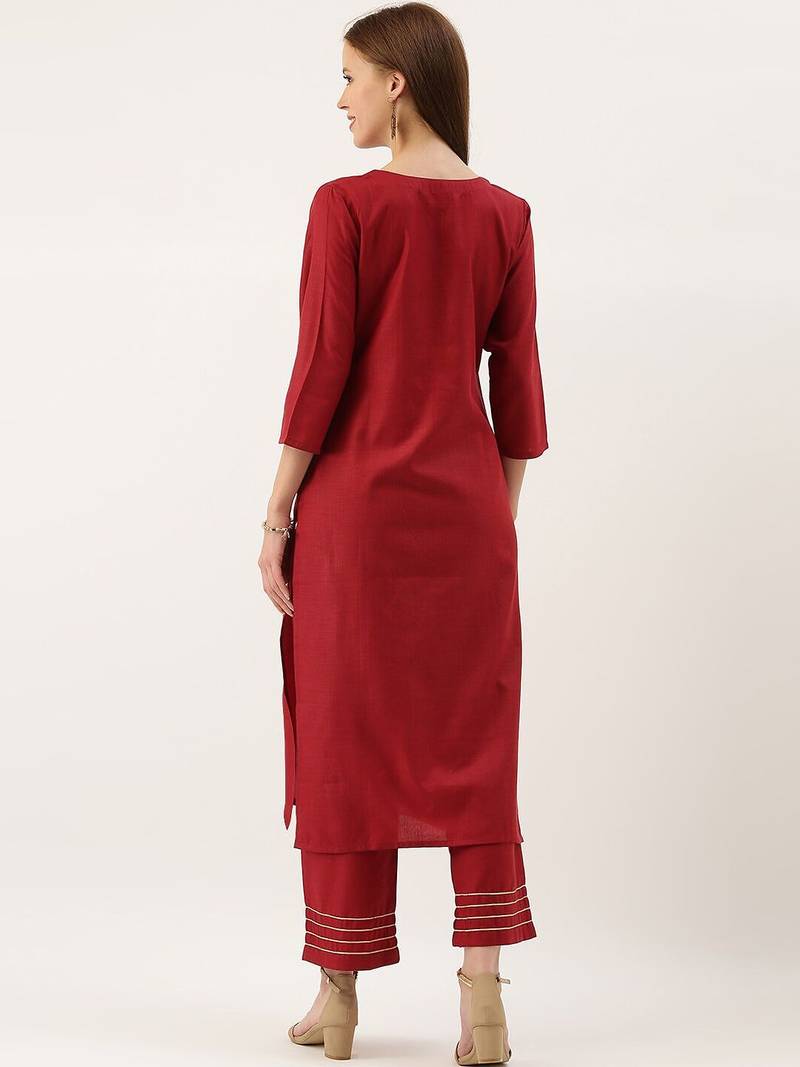 Women Maroon Floral Embroidered Kurta with Trousers