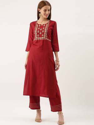 Women Maroon Floral Embroidered Kurta with Trousers 6