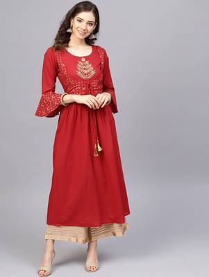 Women Red & Beige Ethnic Motifs Length A-Line Pure Cotton Kurta with Palazzos 1