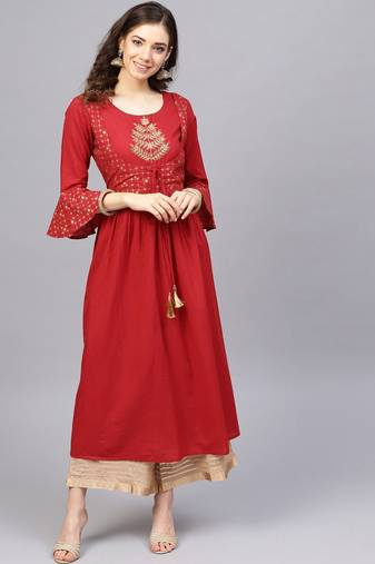 Women Red & Beige Ethnic Motifs Length A-Line Pure Cotton Kurta with Palazzos