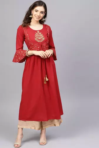 Women Red & Beige Ethnic Motifs Length A-Line Pure Cotton Kurta with Palazzos