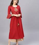 Women Red & Beige Ethnic Motifs Length A-Line Pure Cotton Kurta with Palazzos