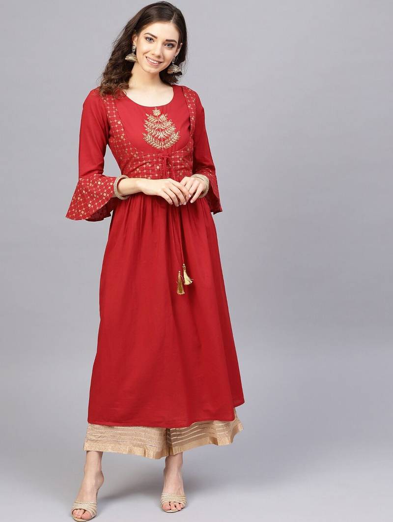 Women Red & Beige Ethnic Motifs Length A-Line Pure Cotton Kurta with Palazzos