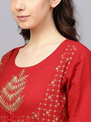 Women Red & Beige Ethnic Motifs Length A-Line Pure Cotton Kurta with Palazzos 2