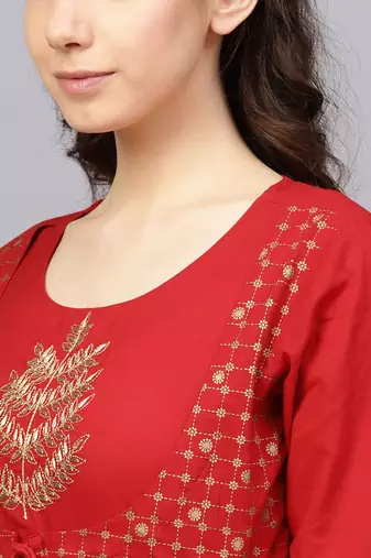 Women Red & Beige Ethnic Motifs Length A-Line Pure Cotton Kurta with Palazzos